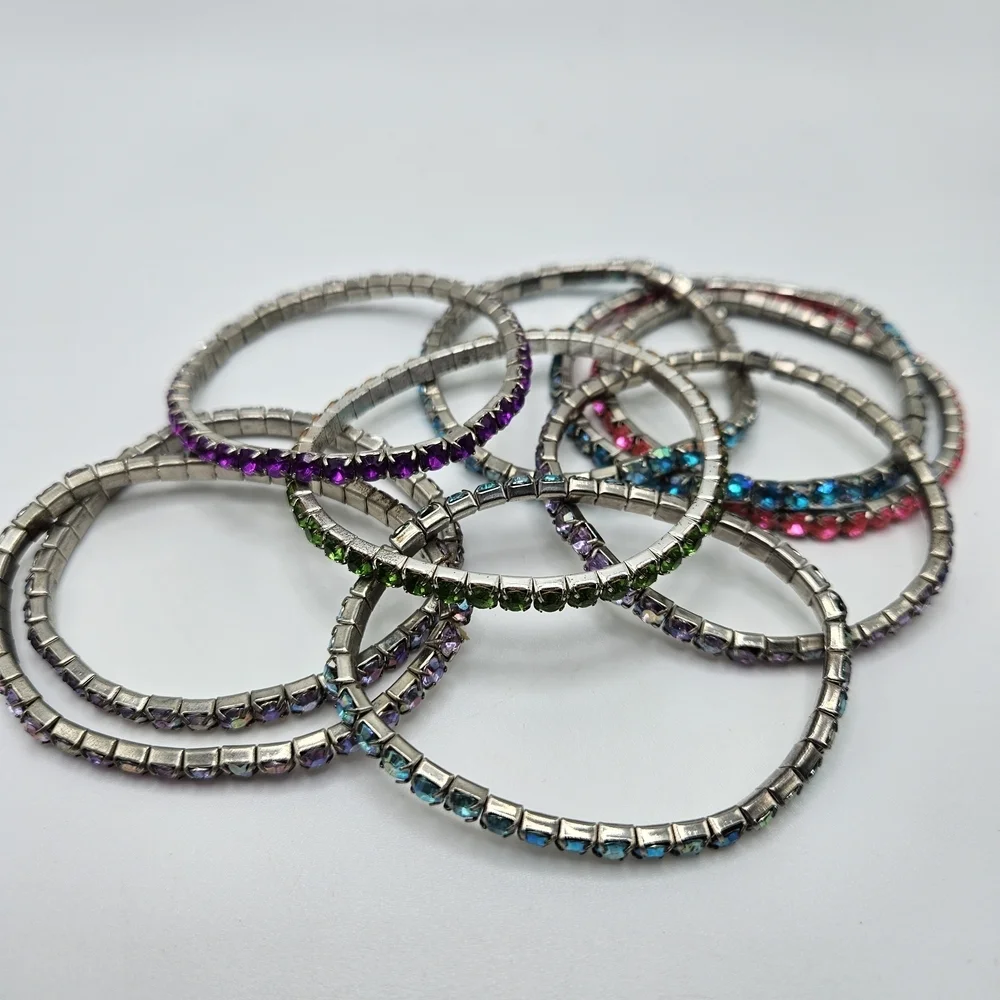 Rainbow Iridescent Rhinestone Stretch Thin Bracelet Set of 9 Purple Pink Green